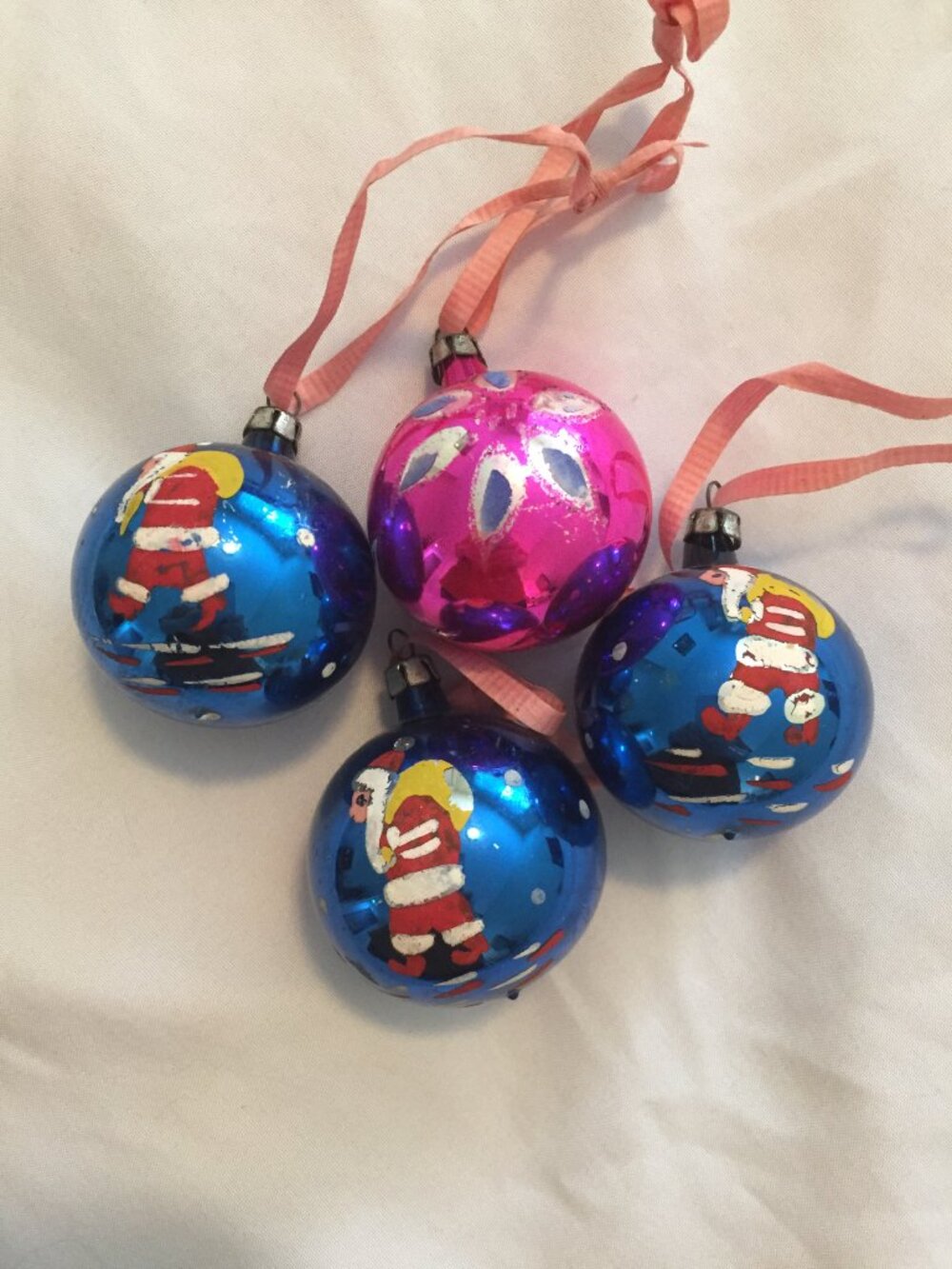 4 Vintage Hand Painted Santa Claus w/Toy Sack, Pink Flower Ornament Lot Poland